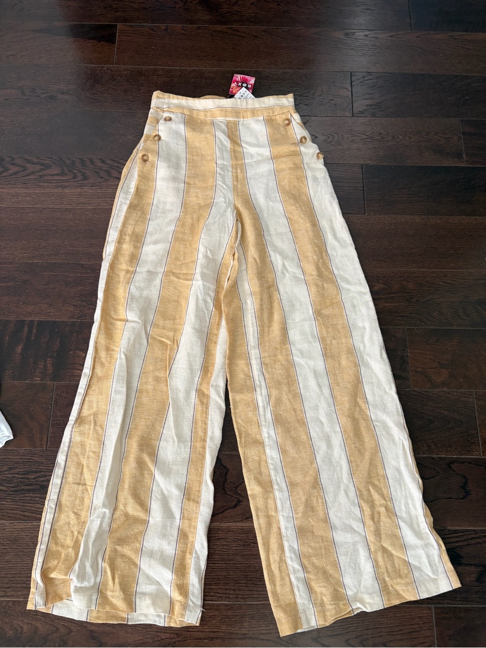 Roxy Yellow & White Vertical-Stripe Wide Leg Pants with Side Button Detail - Picture 4 of 4
